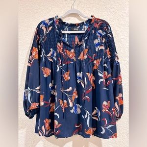 Navy Ana floral blouse- plus size- light weight w/ tie